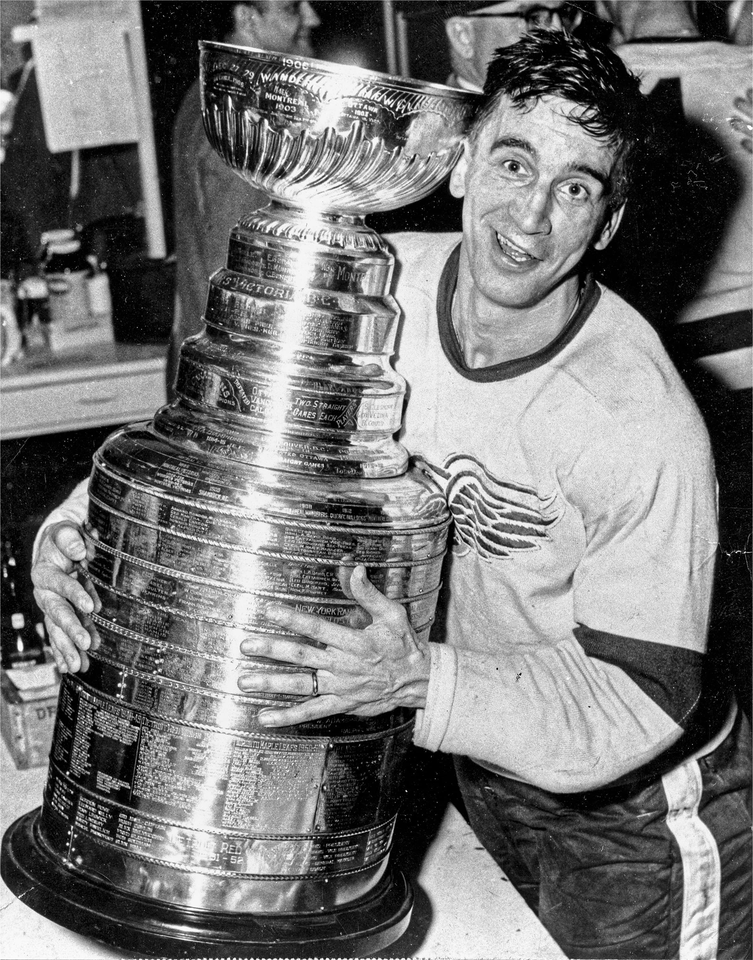 Ted Lindsay holding the Stanley Cup Detroit Red Wings